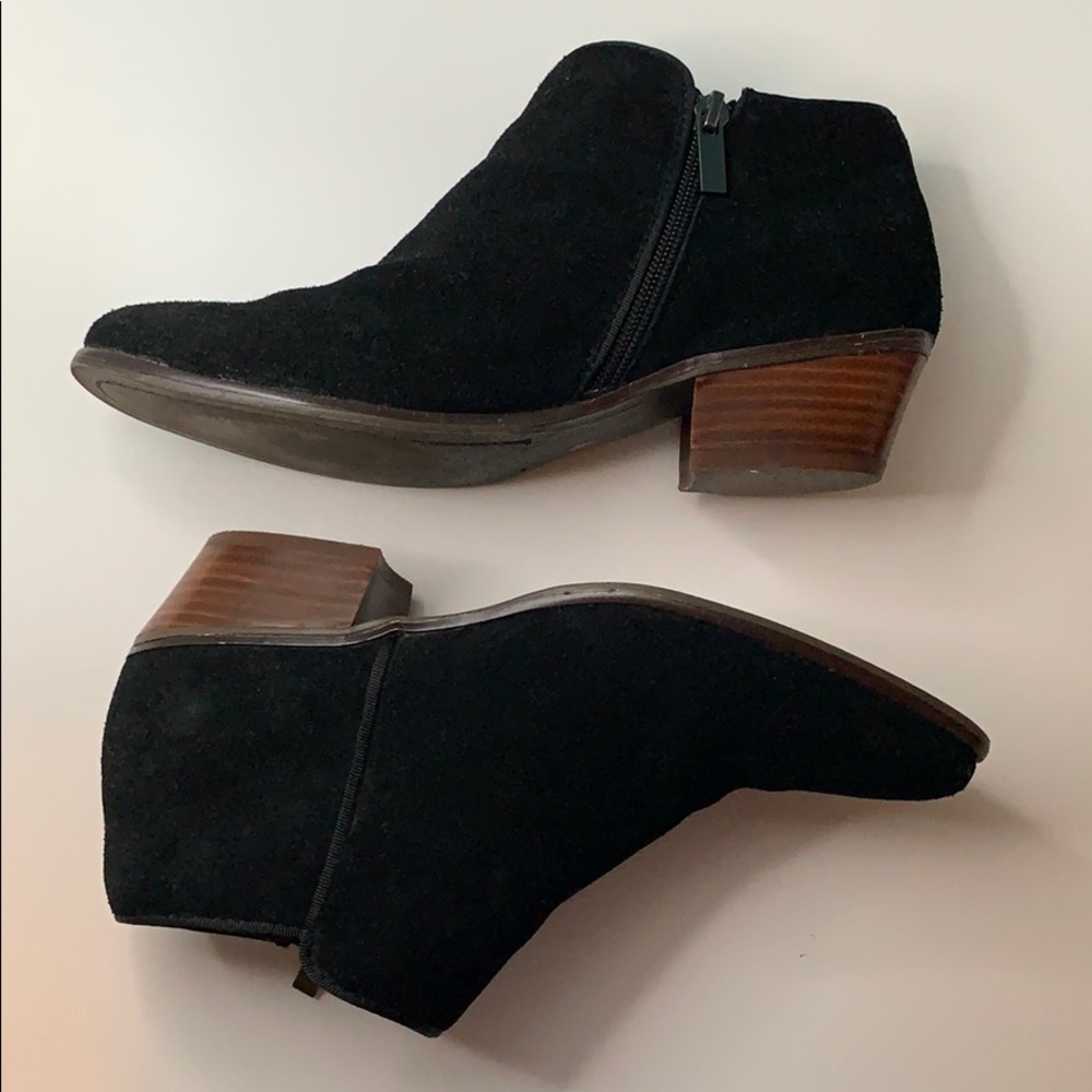 black suede booties with wood block heel